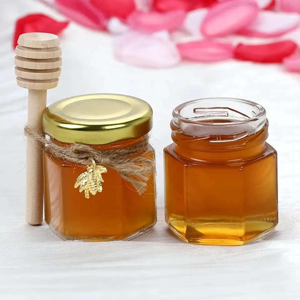 45ml Hexagonal Mini Honey Jar Wood Dipper Bee Jute Rope Small Glass Bottle For Gift Wedding Favors