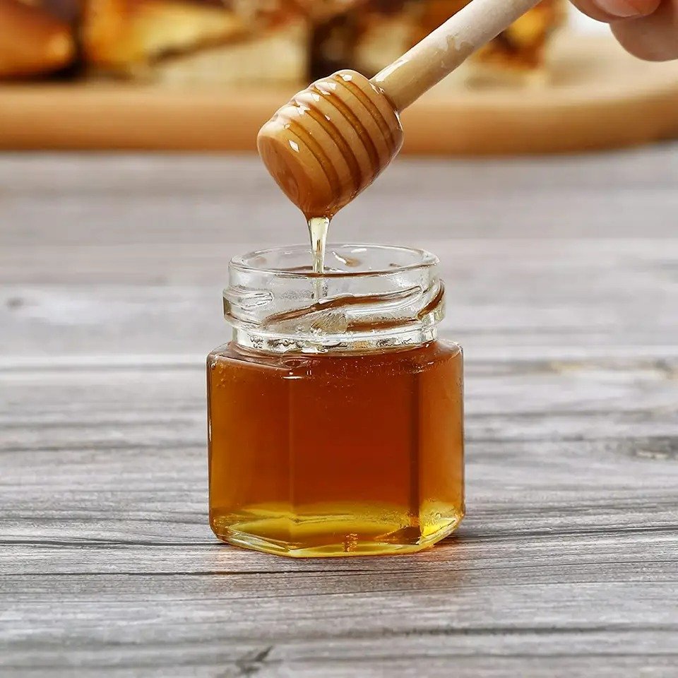45ml Hexagonal Mini Honey Jar Wood Dipper Bee Jute Rope Small Glass Bottle For Gift Wedding Favors