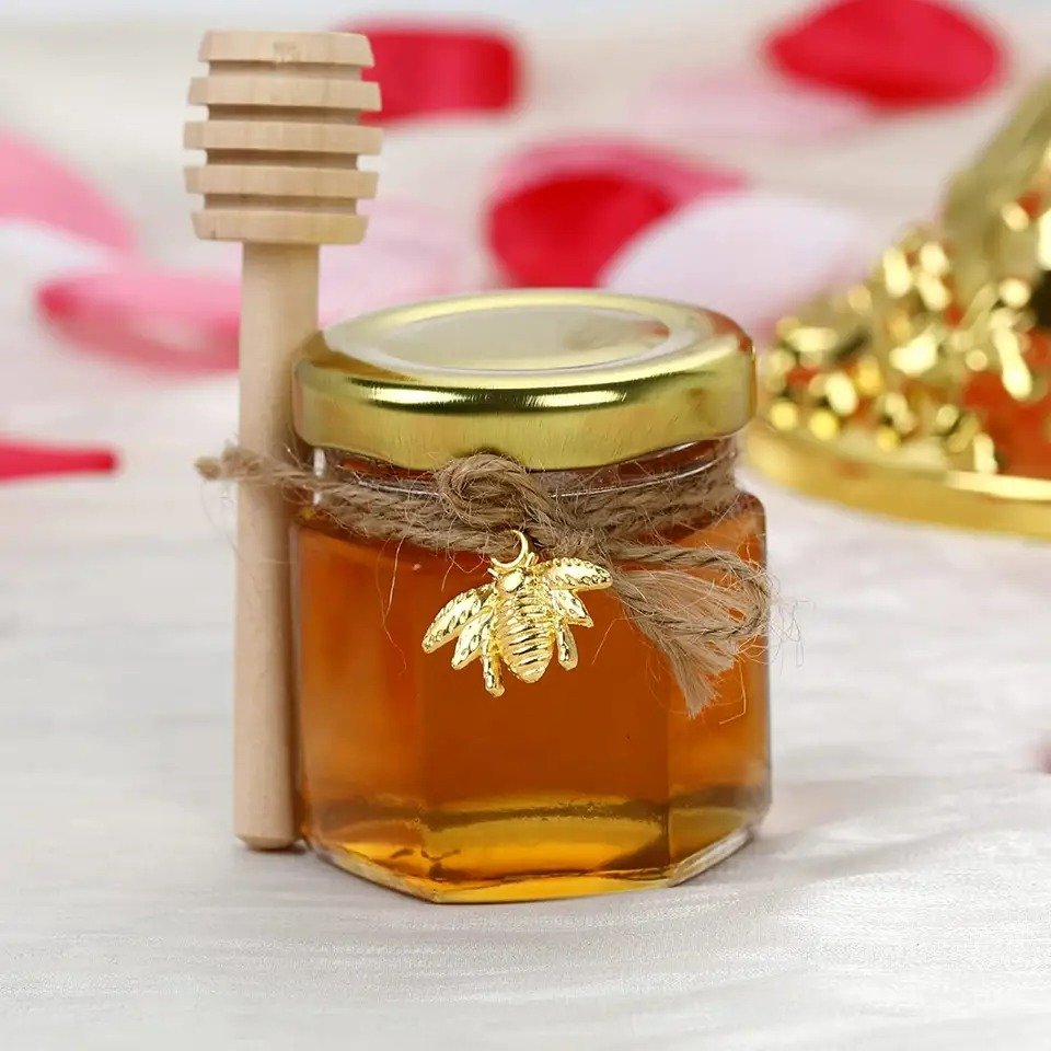 45ml Hexagonal Mini Honey Jar Wood Dipper Bee Jute Rope Small Glass Bottle For Gift Wedding Favors