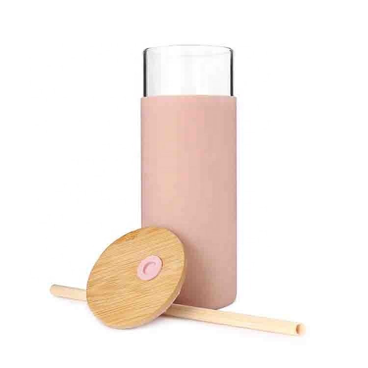 500ml custom logo bamboo lid thermos vacuum cup flasks silicone sleeve glass water drinking bottle with straw