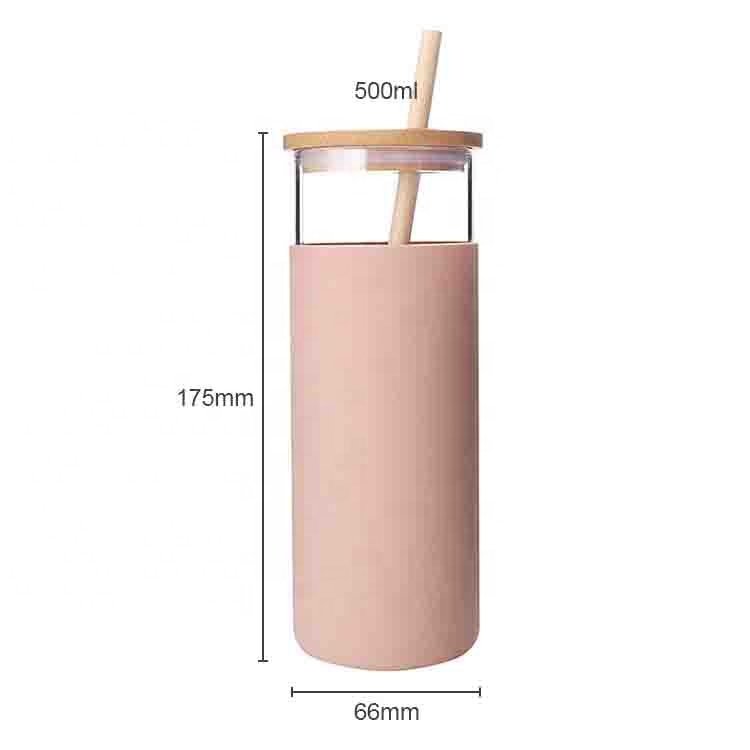 500ml custom logo bamboo lid thermos vacuum cup flasks silicone sleeve glass water drinking bottle with straw