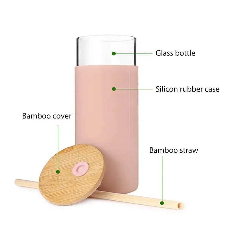 Custom 500ml Glass bottle Clear Bpa Free Glass Tumbler Glass Water Bottle With Silicone Protective Sleeve Bamboo Lid and Straw