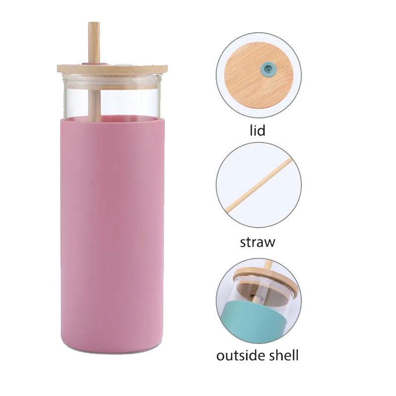 Custom 500ml Glass bottle Clear Bpa Free Glass Tumbler Glass Water Bottle With Silicone Protective Sleeve Bamboo Lid and Straw