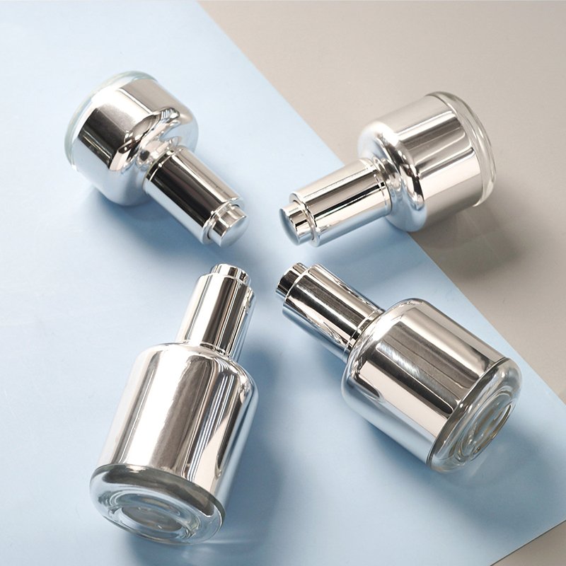 30ml 40ml 50ml 1fl 2oz empty round skincare oil packaging gold silver serum bottle with push button pump dropper