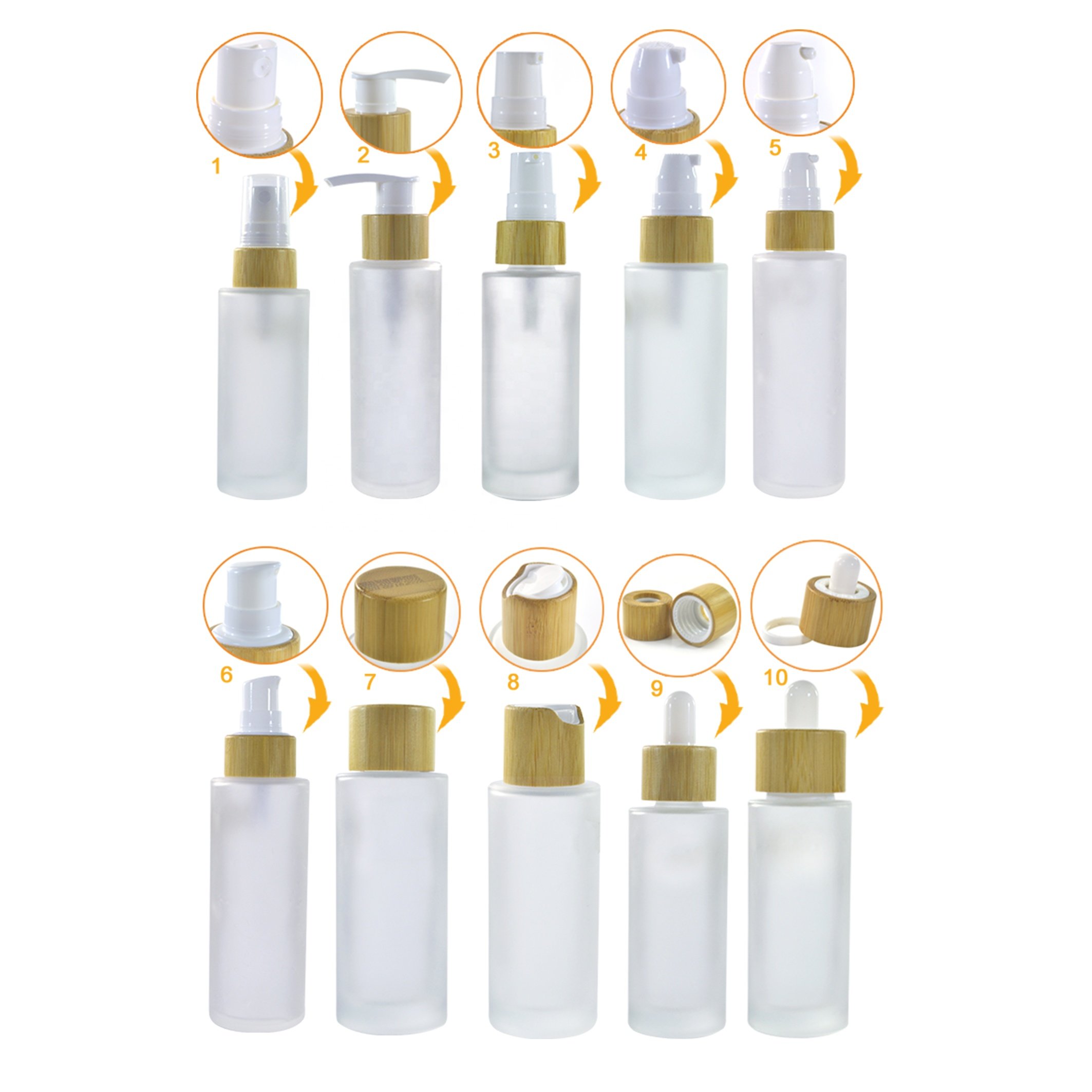 eco friendly bamboo Cosmetic Packaging 30g 50g 100g glass jar 30ml 50ml 100ml 120ml 150ml Frosted Glass Bottle with Bamboo lid