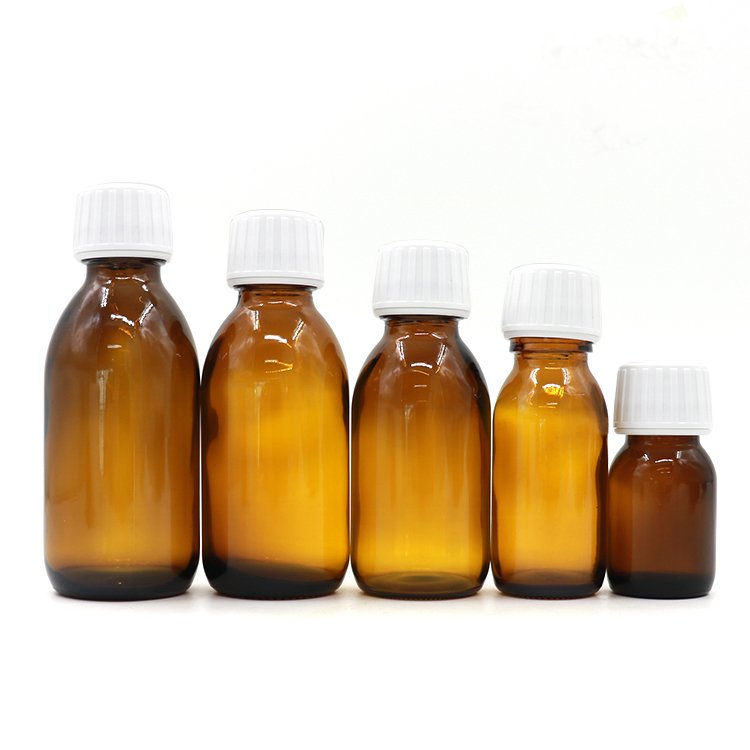 Empty 28mm Amber Brown Round 30ml 60ml 100ml 125ml 150ml Oral Liquid Medical Syrup Glass Bottles with Lid