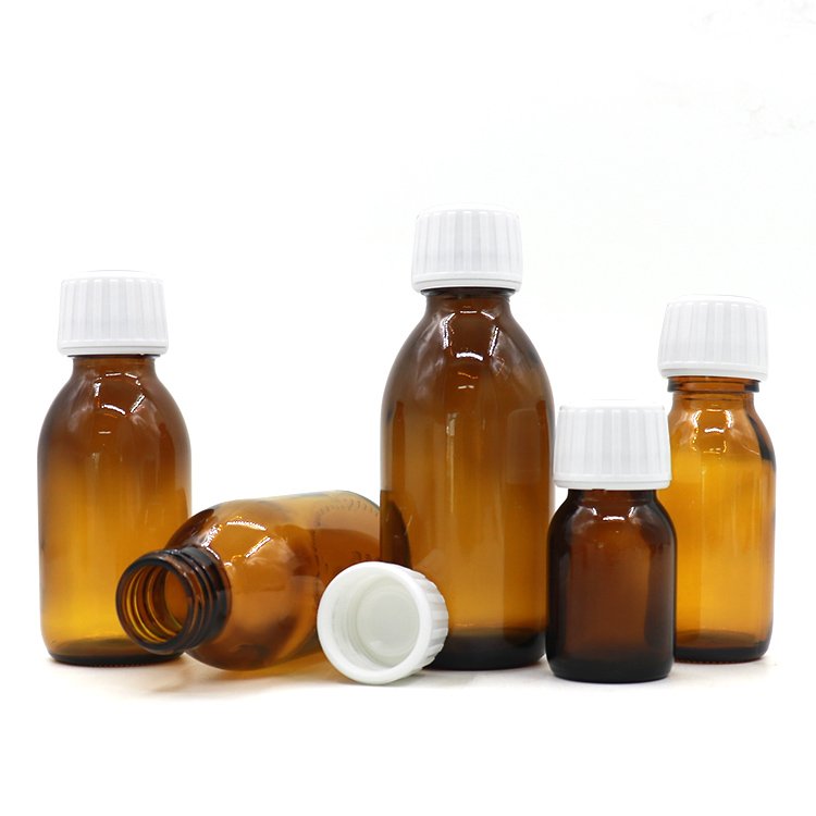 Empty 28mm Amber Brown Round 30ml 60ml 100ml 125ml 150ml Oral Liquid Medical Syrup Glass Bottles with Lid