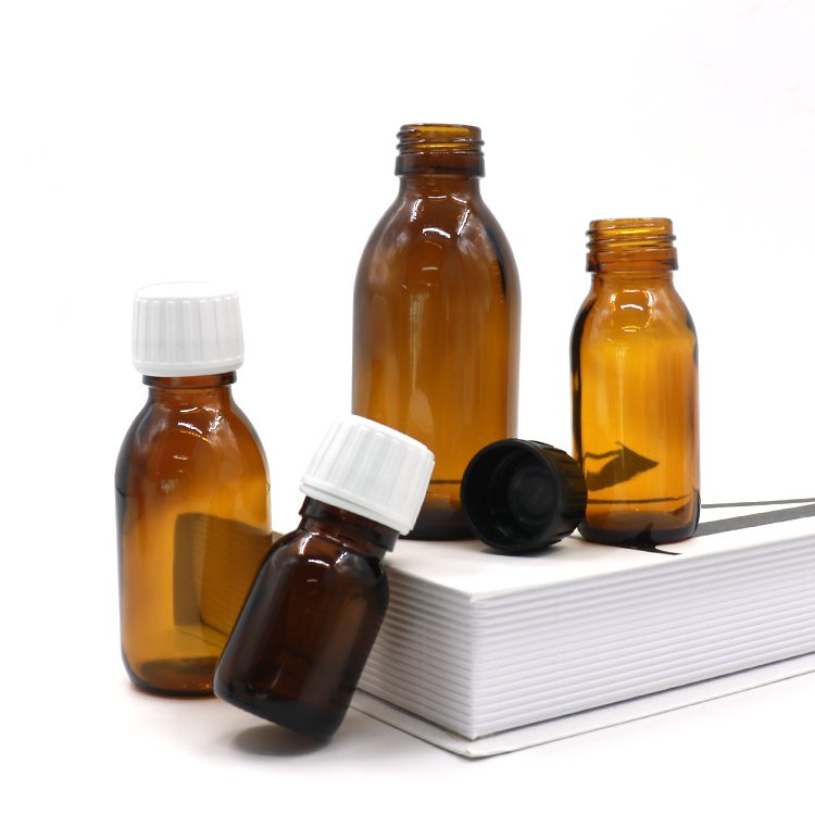 Empty 28mm Amber Brown Round 30ml 60ml 100ml 125ml 150ml Oral Liquid Medical Syrup Glass Bottles with Lid
