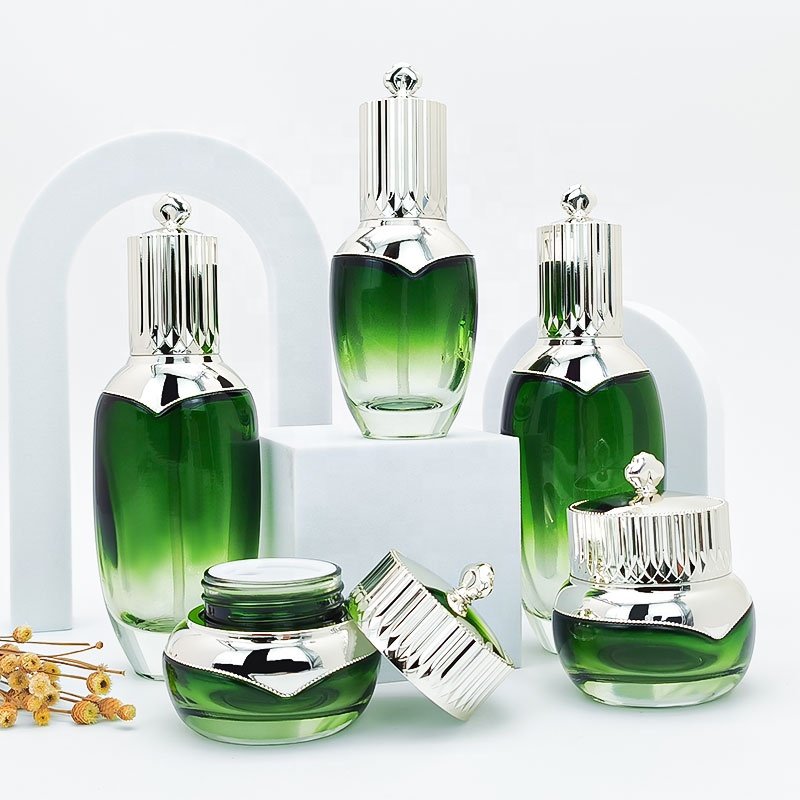 Custom Makeup Bottle Dark Green Gradient Jar 50g capacity jar set glass bottle