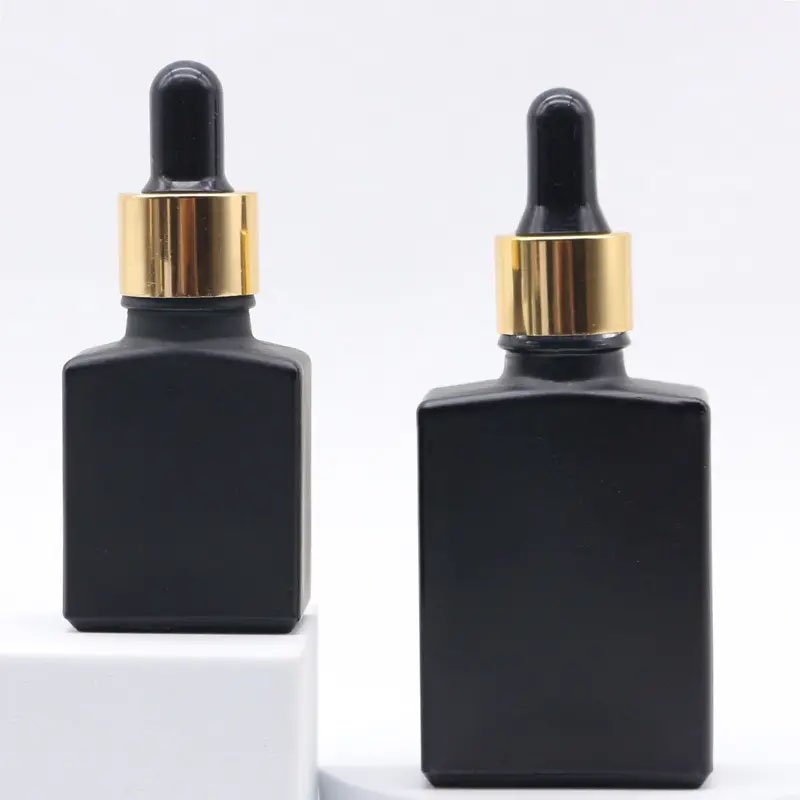 15ml 30ml 50ml 100ml Square Matte Black Glass Dropper Bottles Flat Shoulder Frosted Essential Oil Glass Bottle for Cosmetic