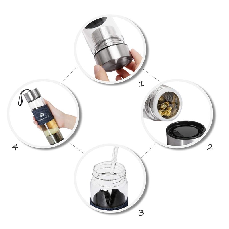 Hot Selling Easy Carrying Silicone Ring Tea Infuser Borosilicate Glass Water Bottle