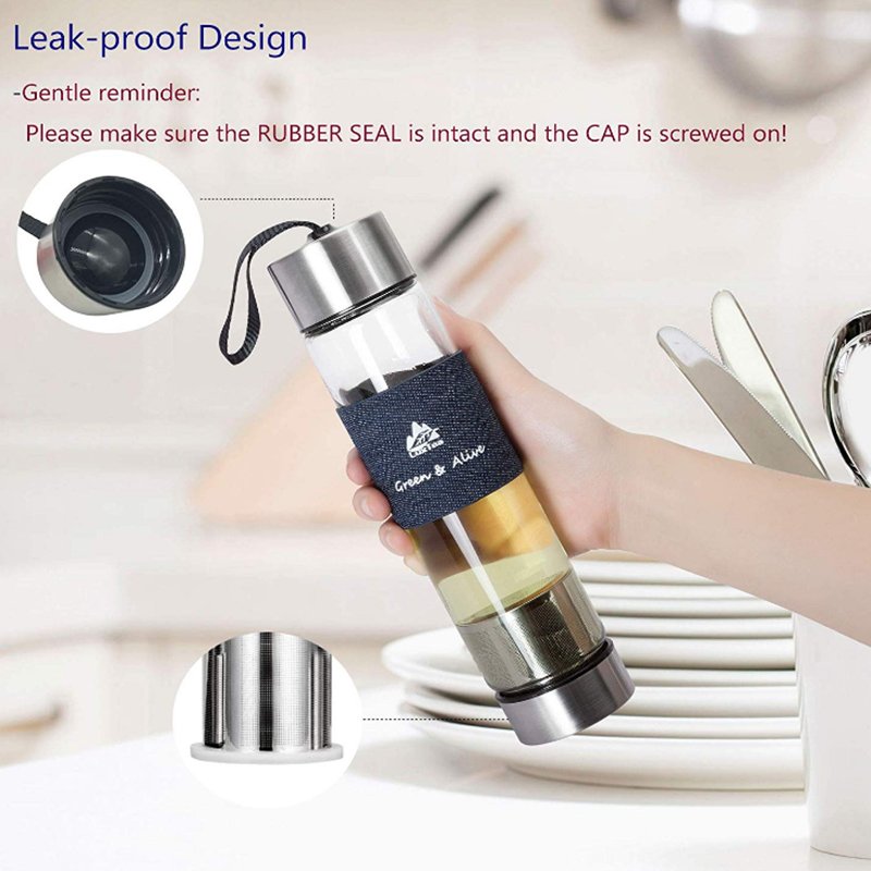 Hot Selling Easy Carrying Silicone Ring Tea Infuser Borosilicate Glass Water Bottle