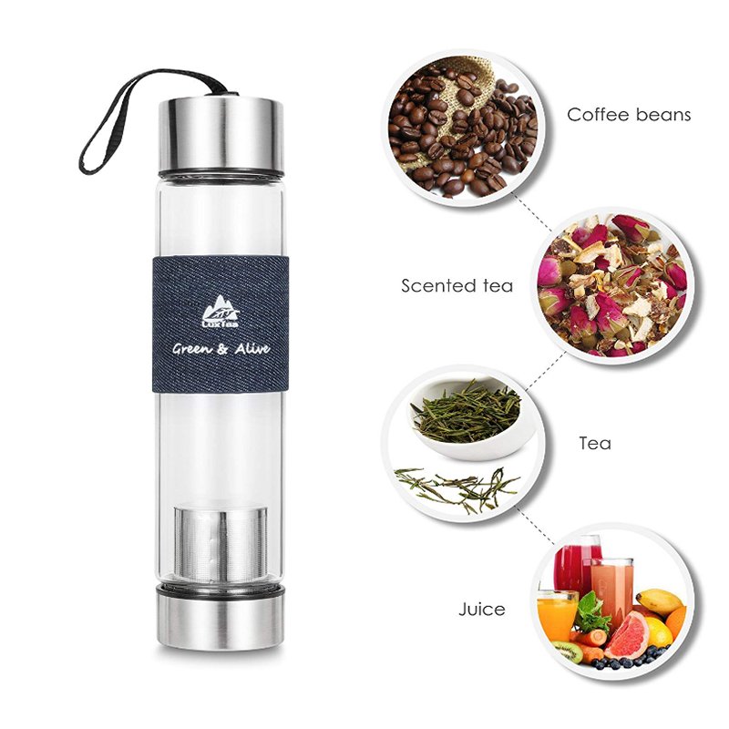 Hot Selling Easy Carrying Silicone Ring Tea Infuser Borosilicate Glass Water Bottle