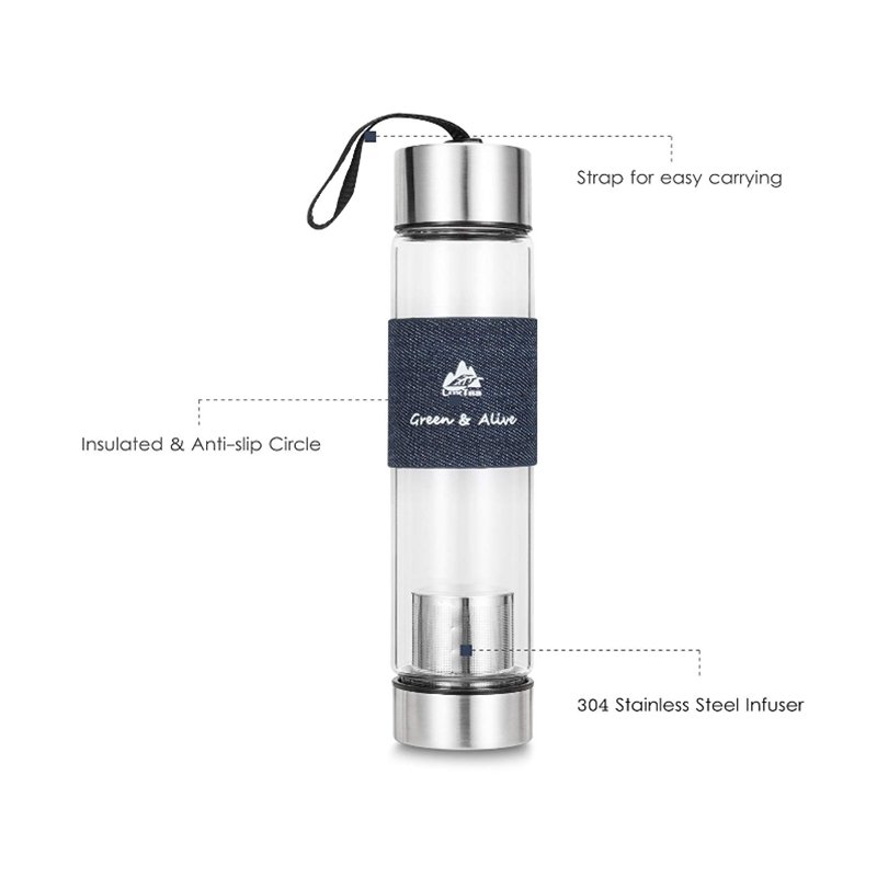 Hot Selling Easy Carrying Silicone Ring Tea Infuser Borosilicate Glass Water Bottle