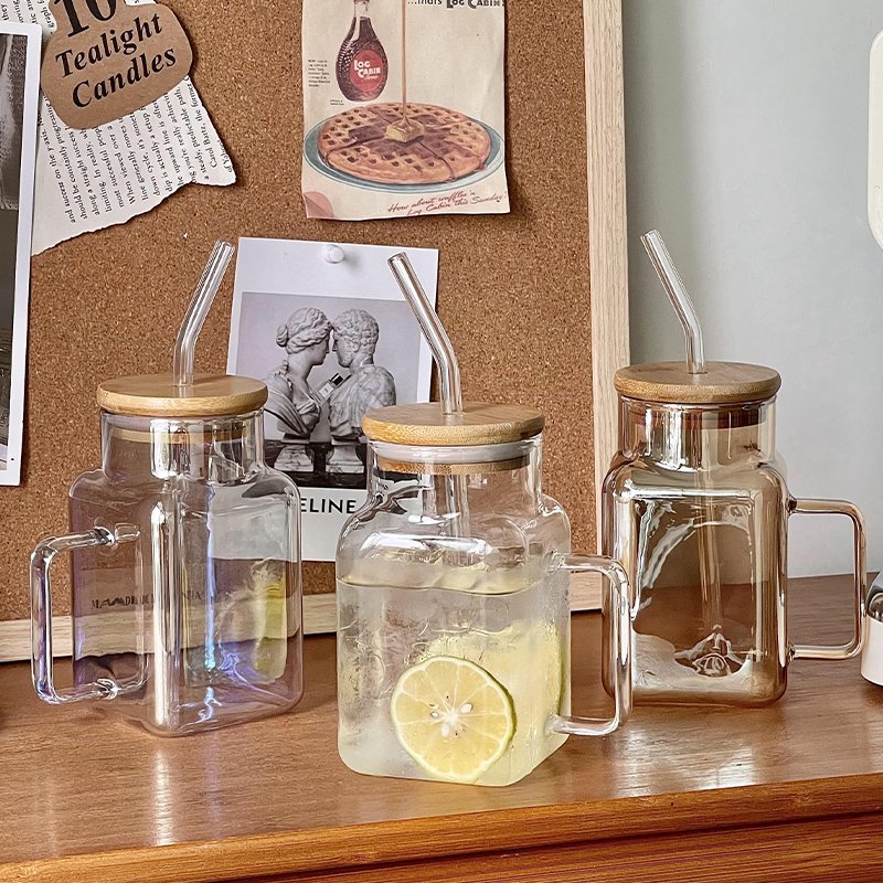 Square Cold Beverage Glass Color Mason Jar Drink Cup Jars Mug With Handle Lid And Straw