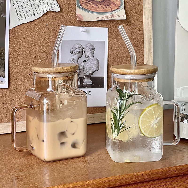Square Cold Beverage Glass Color Mason Jar Drink Cup Jars Mug With Handle Lid And Straw