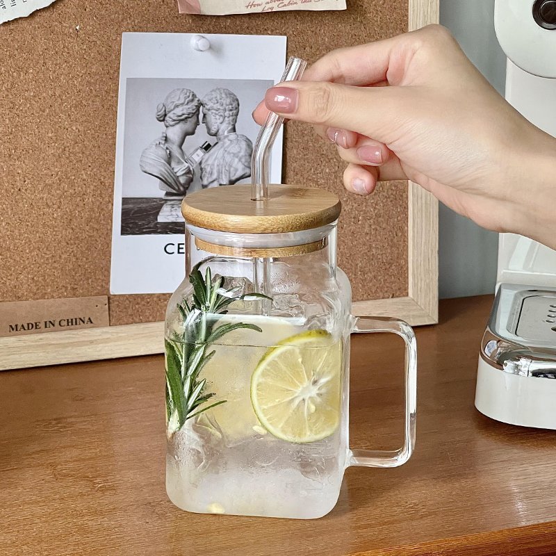 Square Cold Beverage Glass Color Mason Jar Drink Cup Jars Mug With Handle Lid And Straw