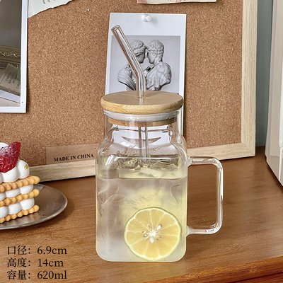Square Cold Beverage Glass Color Mason Jar Drink Cup Jars Mug With Handle Lid And Straw