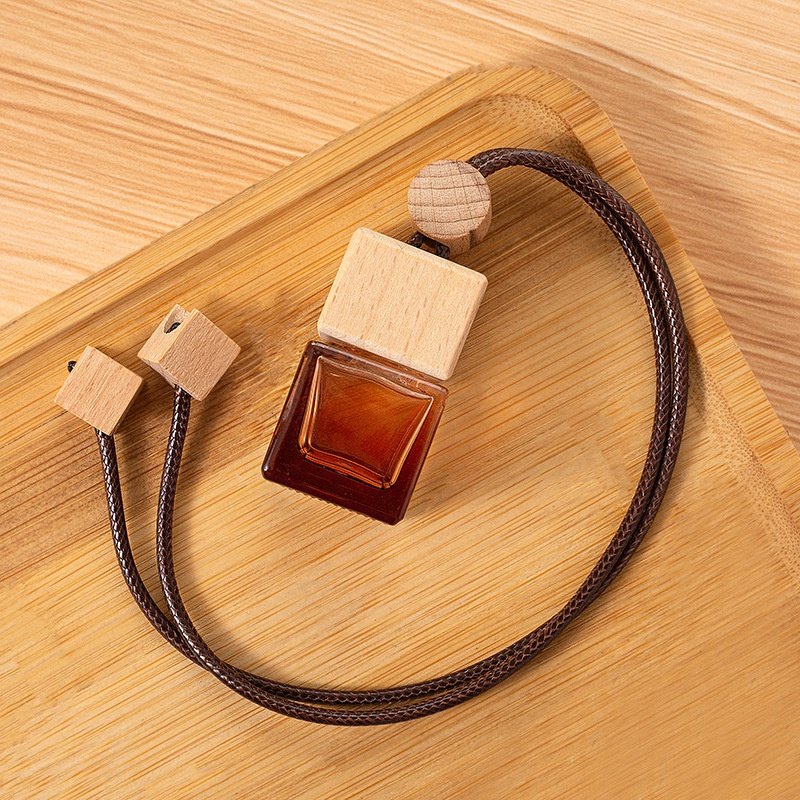 Custom 6ml Mini Empty Glass Spray Perfume Bottles Brown Glass Bottle Square Wooden Lid Hanging Perfume Bottles