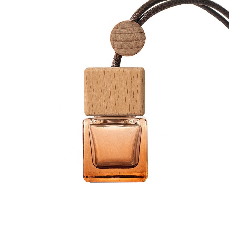 Custom 6ml Mini Empty Glass Spray Perfume Bottles Brown Glass Bottle Square Wooden Lid Hanging Perfume Bottles
