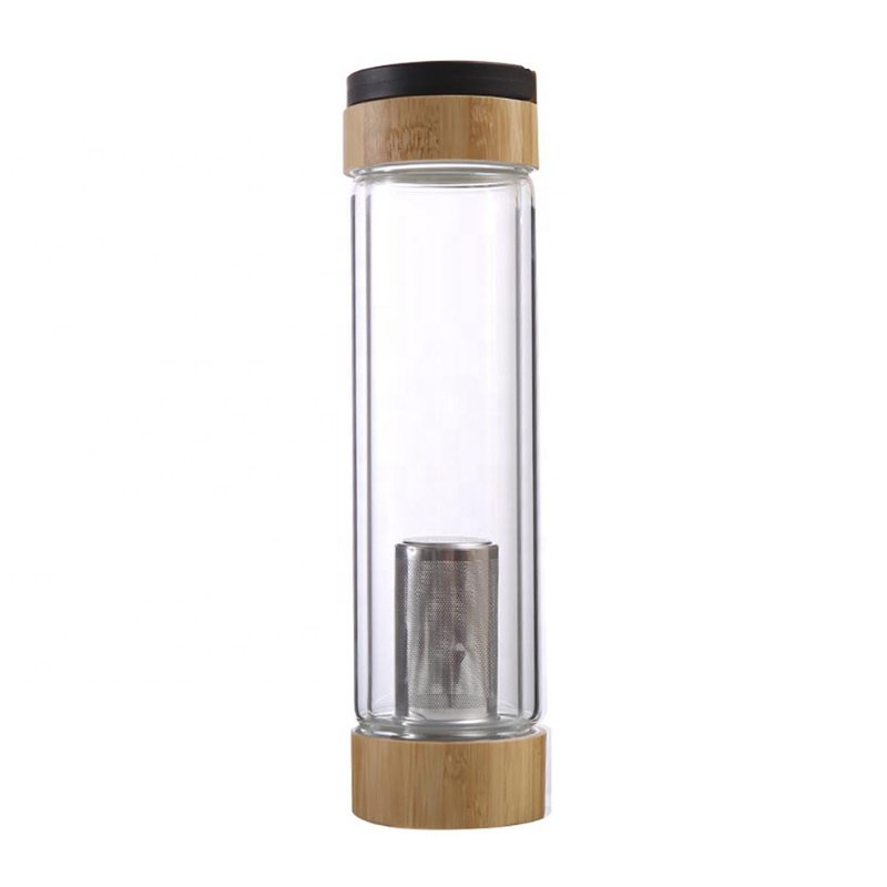 Coffee, tea, fruit 16oz wide mouth 2 bamboo lid borosilicate glass sports drinking water bottles glass tea tumbler with strainer