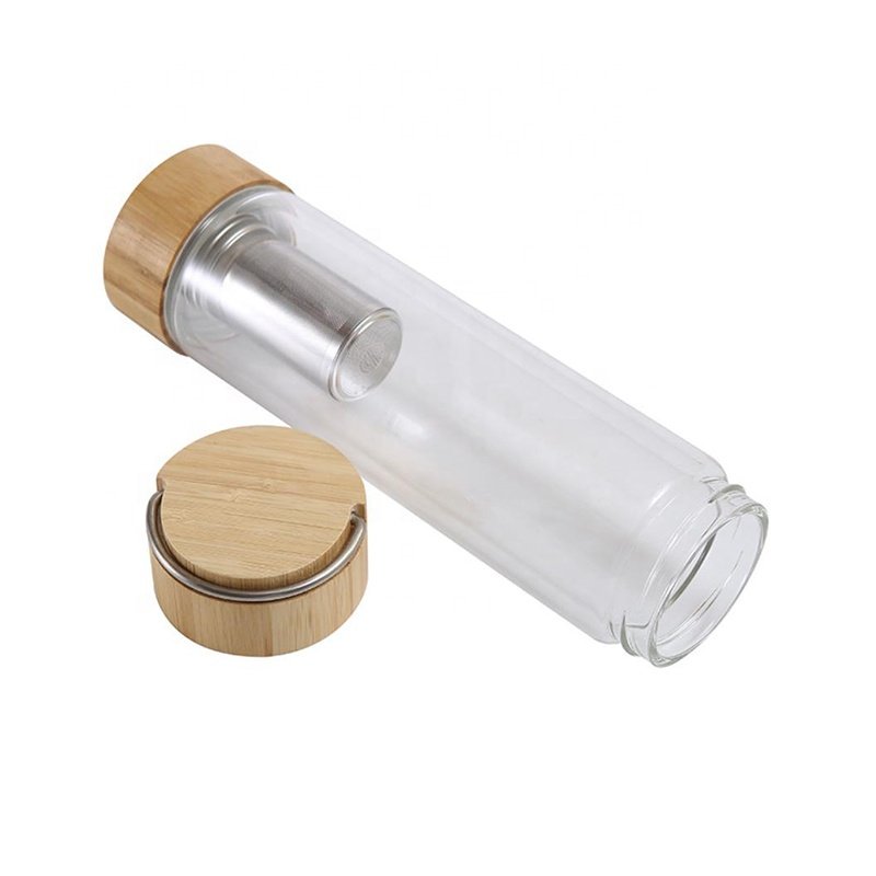 Coffee, tea, fruit 16oz wide mouth 2 bamboo lid borosilicate glass sports drinking water bottles glass tea tumbler with strainer
