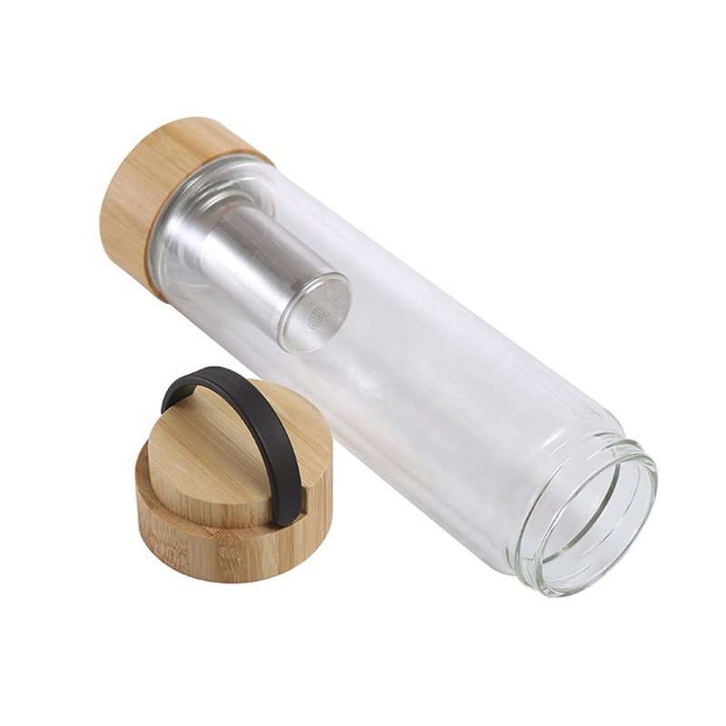 Coffee, tea, fruit 16oz wide mouth 2 bamboo lid borosilicate glass sports drinking water bottles glass tea tumbler with strainer
