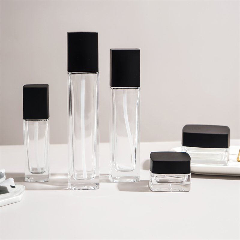 100ml 120ml Glass Toner Lotion Bottle 30g 50g Cream Jar Frosted Clear Body Black lid Cosmetic Packaging Set Square Glass Bottle