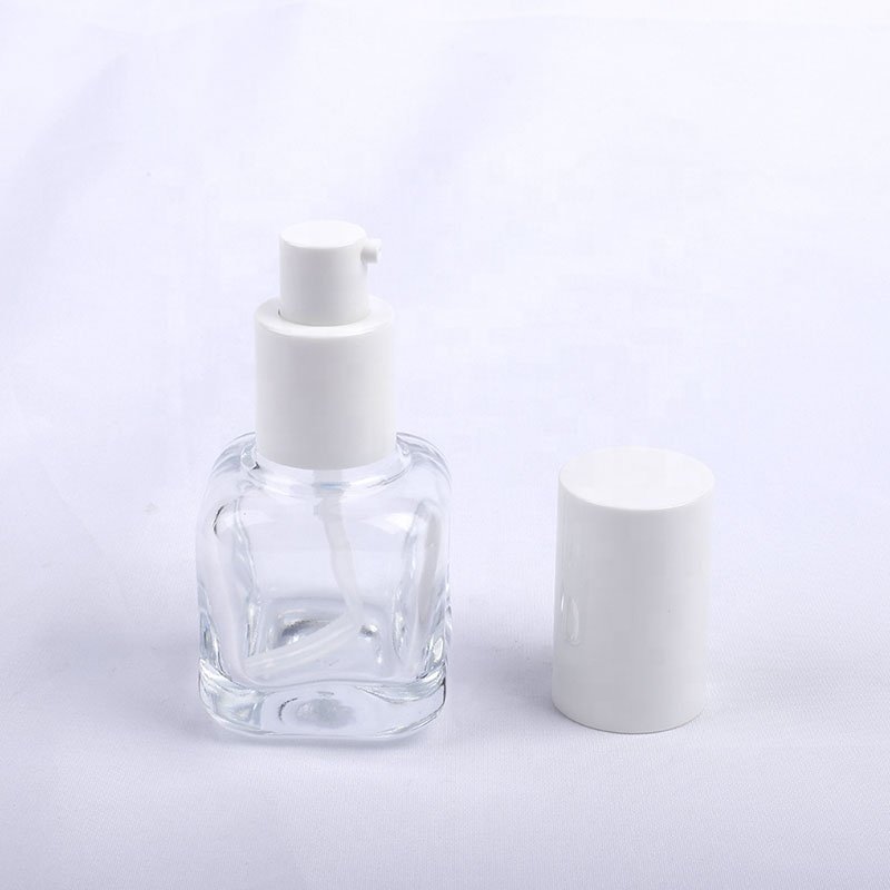 High Grade Cosmetics Sub-emulsion Bottle 30ml transparent square Glass Bottle with white pump lid