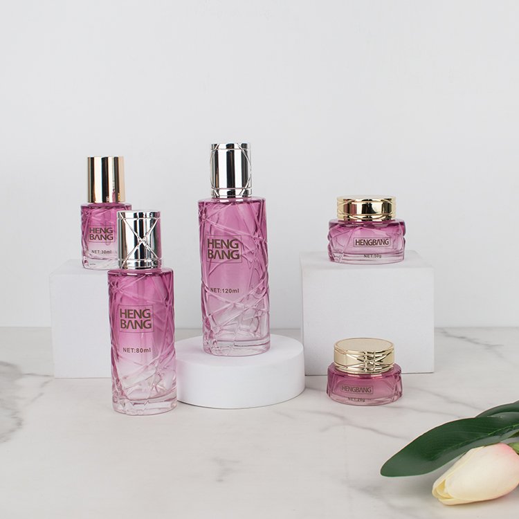 Container Packaging Glass Set Pink Silk Packaging for Cosmetics Screen Printing Cosmetic Jar PUMP Sprayer Bottle Cosmetic Yixin