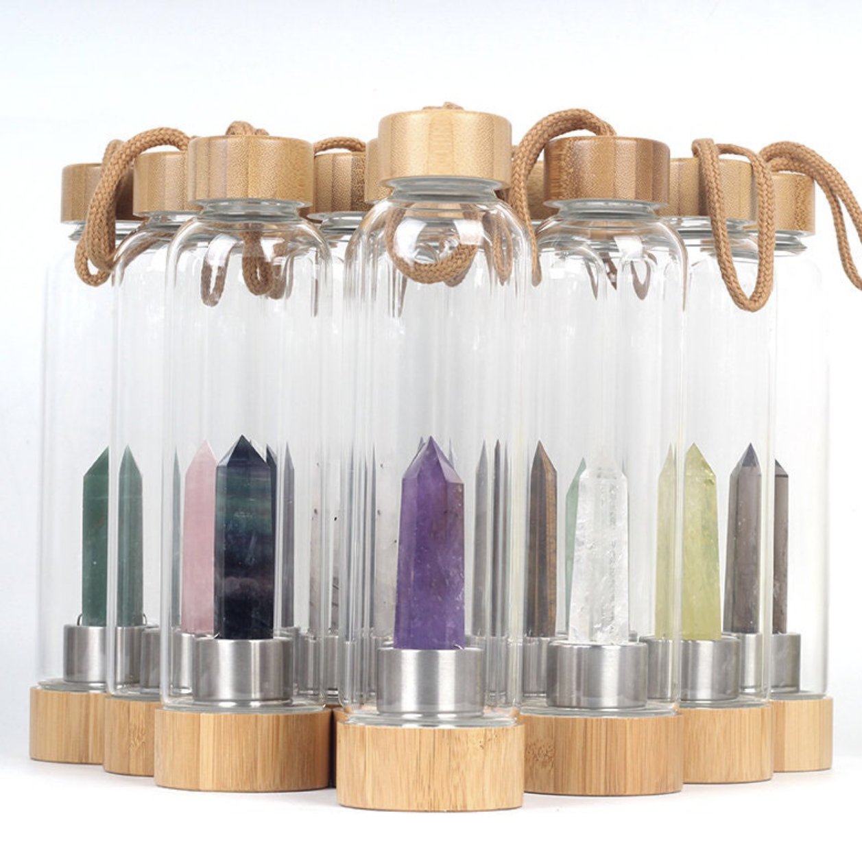 Wholesale Bamboo Cover Crystal Point Wand Water bottle Healing glass Quartz Crystal Cup