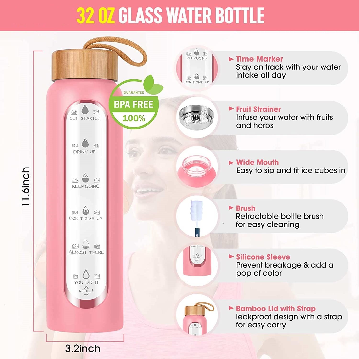 Hot Selling 1000ml Transparent Time Marker Glass Water Bottle Silicone Sleeve Lid Wide Mouth Camping Drinkware Dishwasher Safe