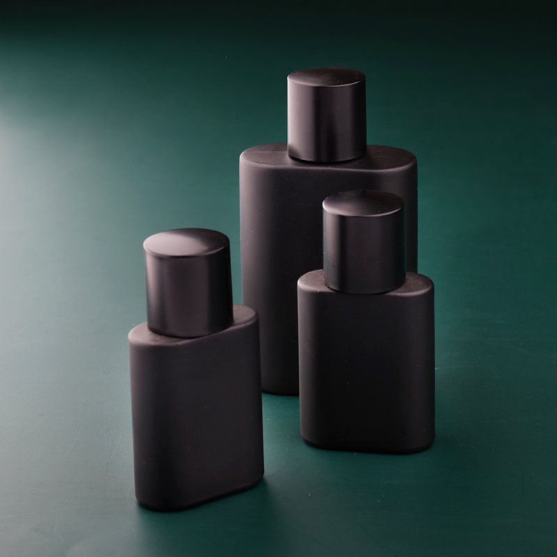 High Quality Matt Black Perfume Glass Bottle Round Cap 30ml Capacity Cosmetics Packaging 50ml 100ml Cover Styles Available