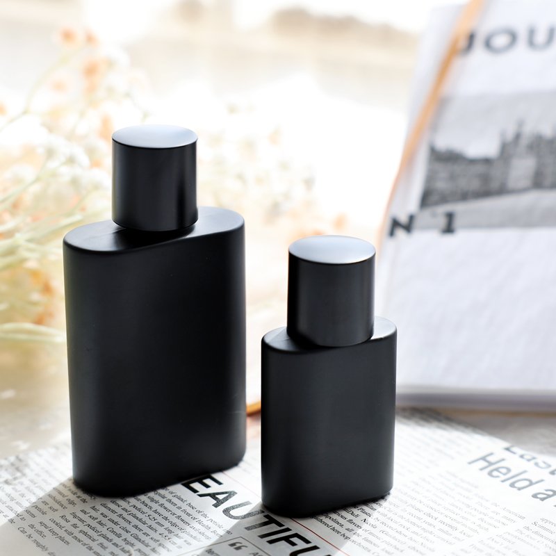High Quality Matt Black Perfume Glass Bottle Round Cap 30ml Capacity Cosmetics Packaging 50ml 100ml Cover Styles Available