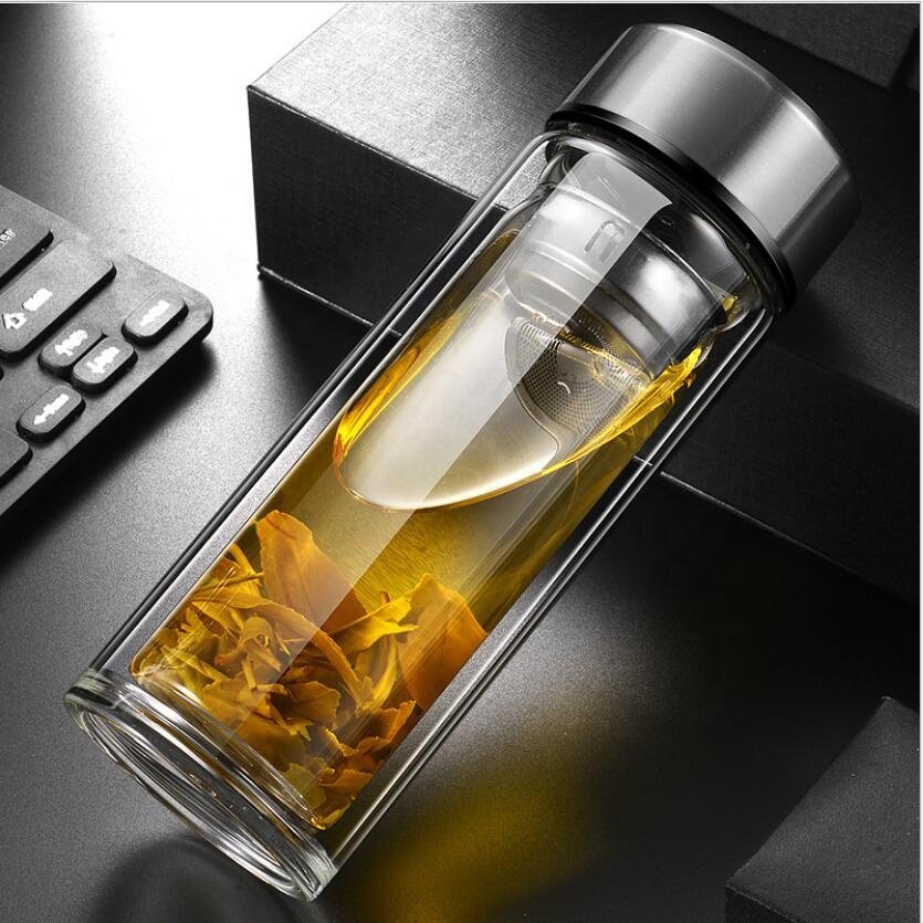 450ml Double Wall borosilicate Glass Water Bottle with Tea Infuser Filter