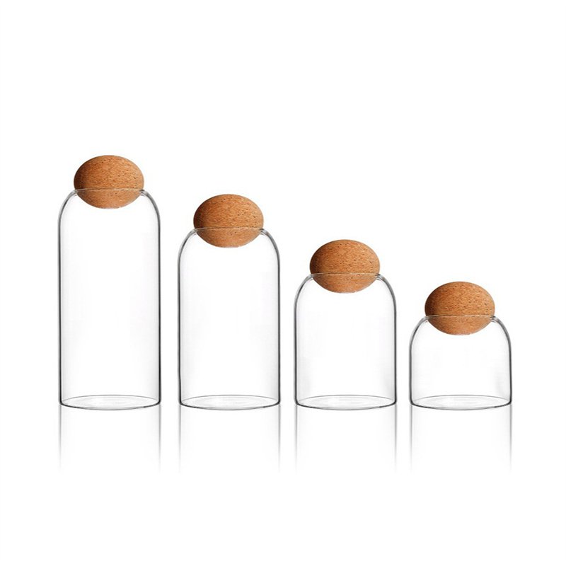 2023 Hot Sale Round ball cork stopper glass bottles sealed jar with lid flower tea grain jar round transparent storage tank