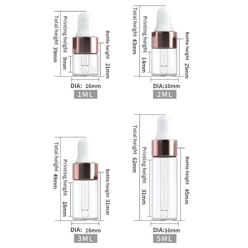 1ml 2ml 3ml 5ml custom printed empty mini glass sampler bottle with pipette gold ring cosmetics packaging glass dropper bottle