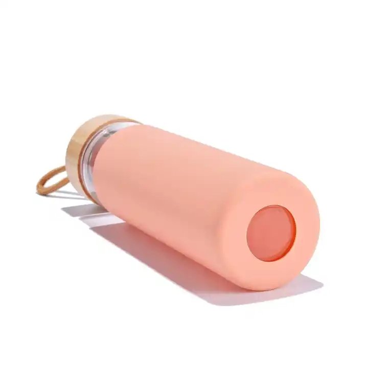 Glass Water Bottle Full Wrap Borosilicate glass with Natural Bamboo lids and silicone sleeve Customized Color