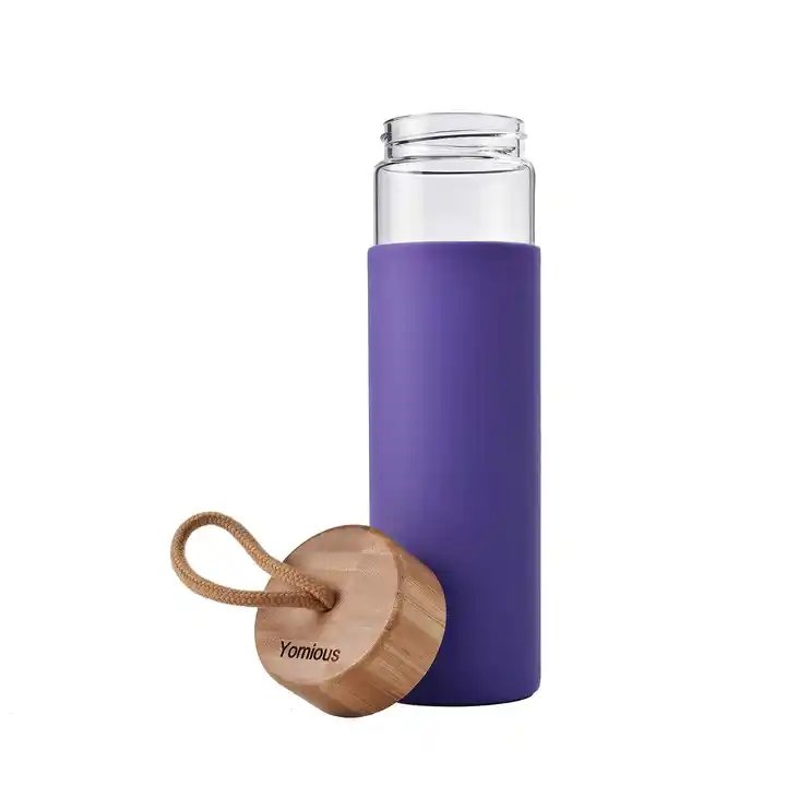 Glass Water Bottle Full Wrap Borosilicate glass with Natural Bamboo lids and silicone sleeve Customized Color