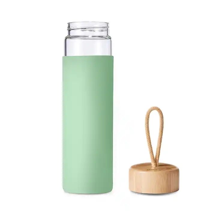 Glass Water Bottle Full Wrap Borosilicate glass with Natural Bamboo lids and silicone sleeve Customized Color