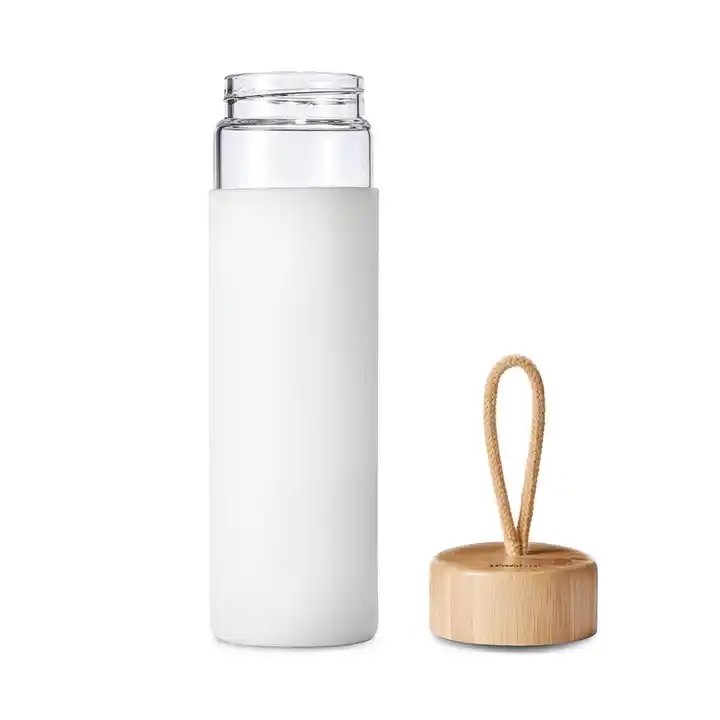 Glass Water Bottle Full Wrap Borosilicate glass with Natural Bamboo lids and silicone sleeve Customized Color