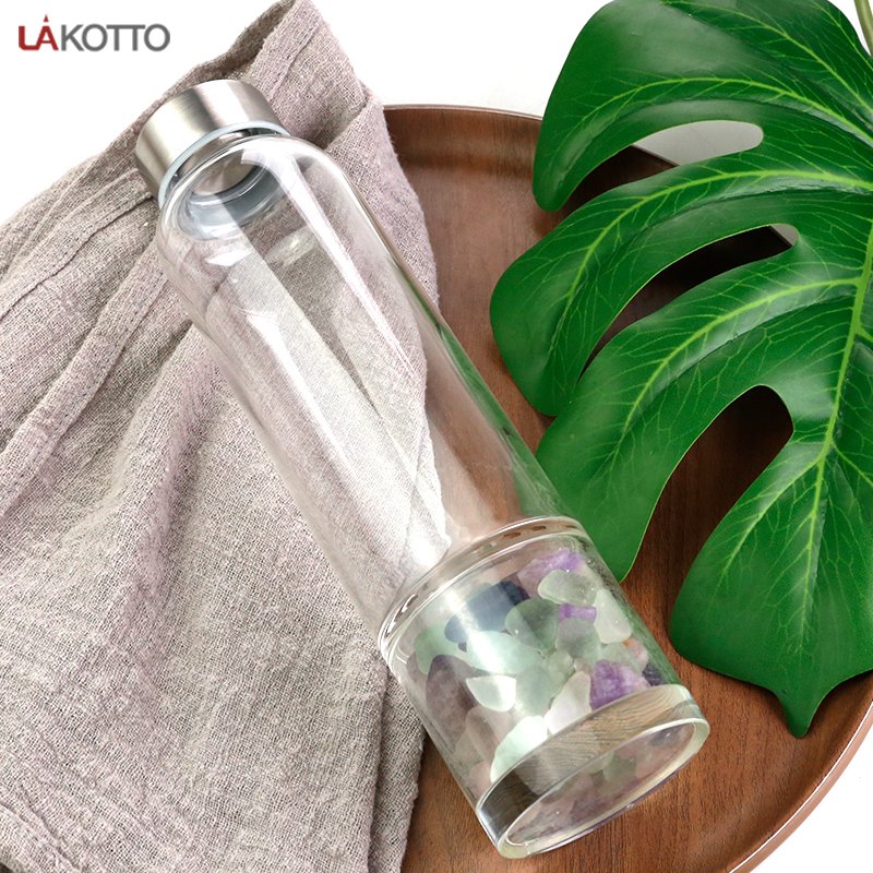 Crystal Water Bottle with purple Crystals Elixir Infused Glass Water Bottle with metal lid