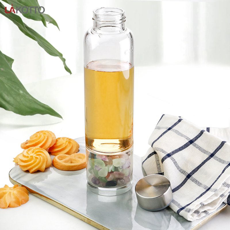 Crystal Water Bottle with purple Crystals Elixir Infused Glass Water Bottle with metal lid
