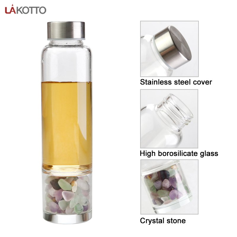 Crystal Water Bottle with purple Crystals Elixir Infused Glass Water Bottle with metal lid