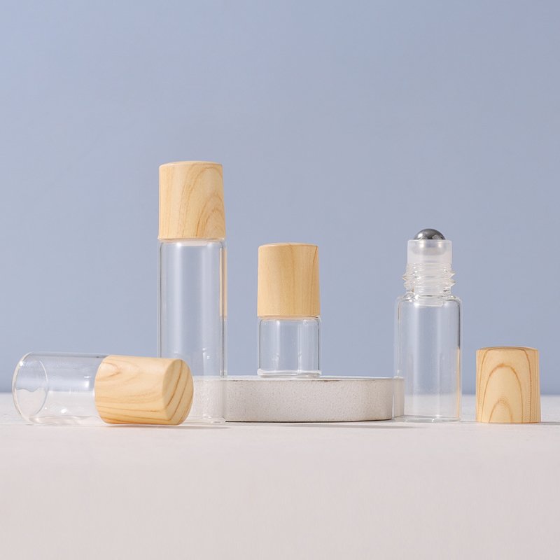 1ml2ml3ml5ml bottle suitable for essential oils natural clear glass roller bottles wood caps, thick glass bottle