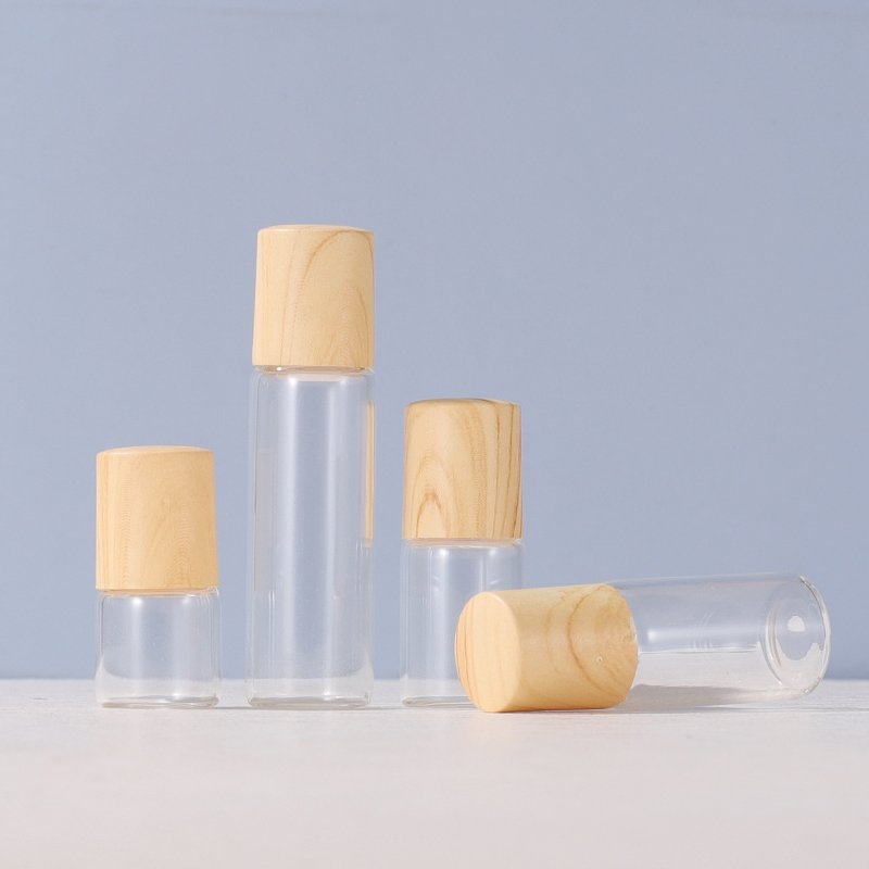 1ml2ml3ml5ml bottle suitable for essential oils natural clear glass roller bottles wood caps, thick glass bottle