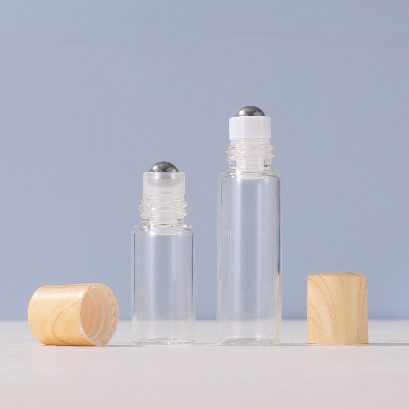 1ml2ml3ml5ml bottle suitable for essential oils natural clear glass roller bottles wood caps, thick glass bottle
