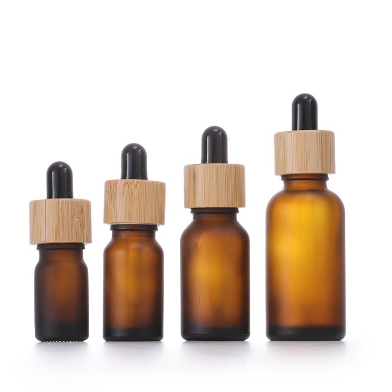 Factory direct bamboo essential oil bottle frosted amber dropper glass bottle with bamboo cap