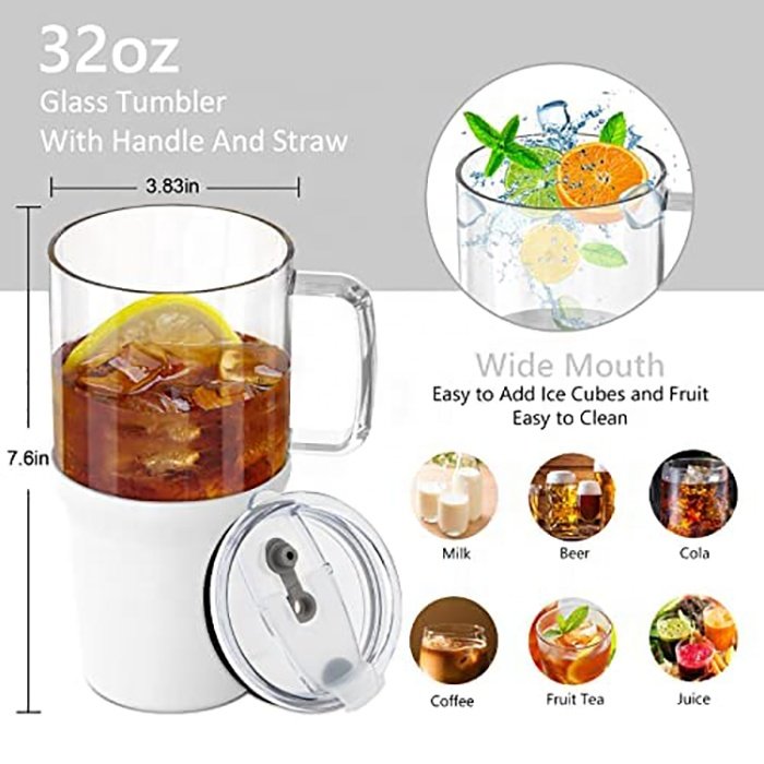 Glass Drinking Water Bottle 32 Oz Portable Clear Glass Coffee Tea Cup with Cover