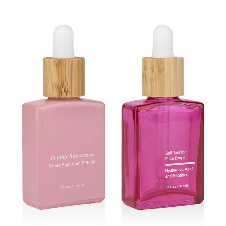 Wooden Bottle Cap Perfume 30ML 15 ml Perfume Bottles Pink Square Glass Essential Oil Glass Bottle With Bamboo Dropper